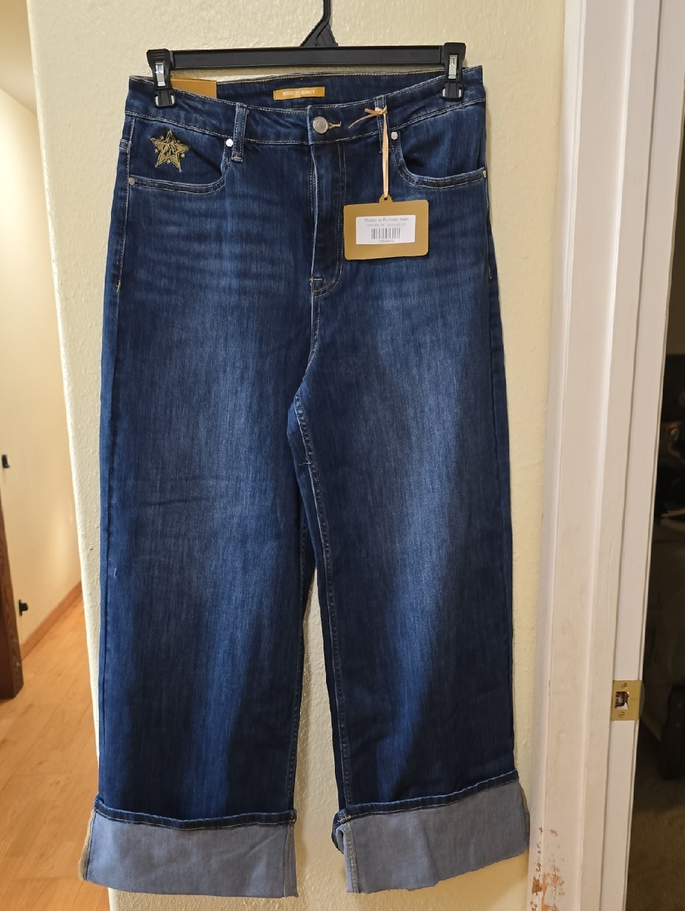 Rodeo Quincy Rodeo To Runway Wide Leg Cuffed Dark Blue Jeans with Star Patch